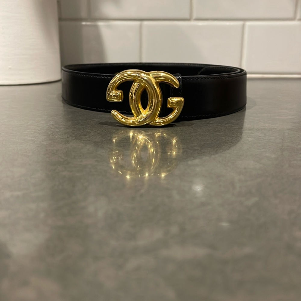 Gucci Unisex Black Leather Metal Double G Buckle Vintage